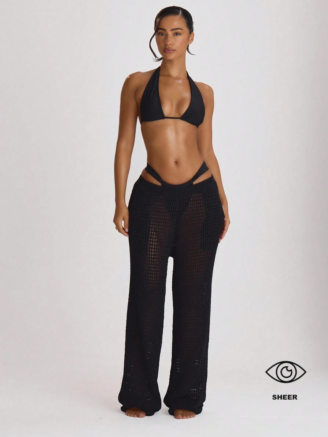 Musera Resort Crochet Knit Wide Leg Cover Up Trousers Swim Vacation Holiday Summer Travel Beachwear Beach Vacation Solid Colour Basics Resort Core Black Tropical