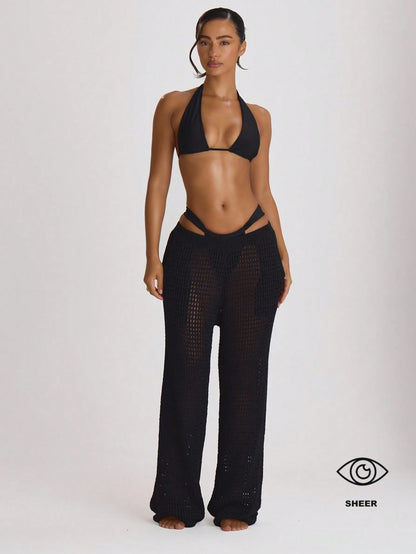 Musera Resort Crochet Knit Wide Leg Cover Up Trousers Swim Vacation Holiday Summer Travel Beachwear Beach Vacation Solid Colour Basics Resort Core Black Tropical
