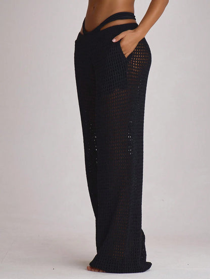 Musera Resort Crochet Knit Wide Leg Cover Up Trousers Swim Vacation Holiday Summer Travel Beachwear Beach Vacation Solid Colour Basics Resort Core Black Tropical