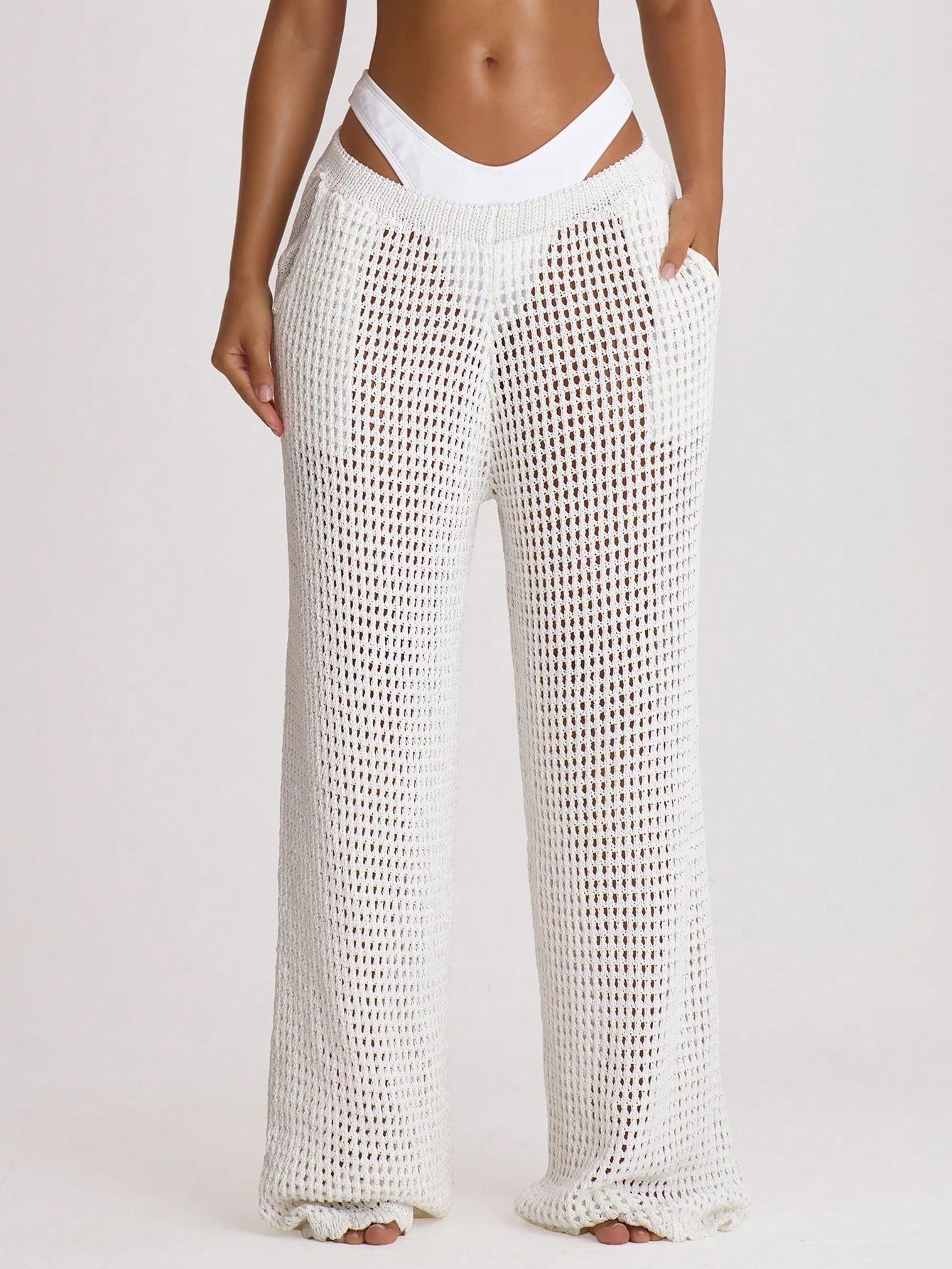 Musera Resort Crochet Knit Wide Leg Cover Up Trousers Swim Vacation Holiday Summer Travel Beachwear Beach Vacation Solid Colour Basics Resort Core Black Tropical