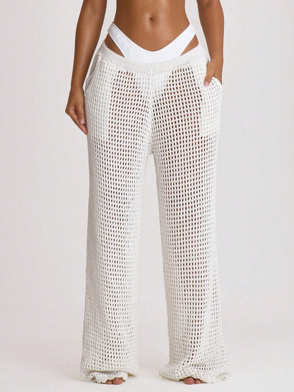Musera Resort Crochet Knit Wide Leg Cover Up Trousers Swim Vacation Holiday Summer Travel Beachwear Beach Vacation Solid Colour Basics Resort Core Black Tropical