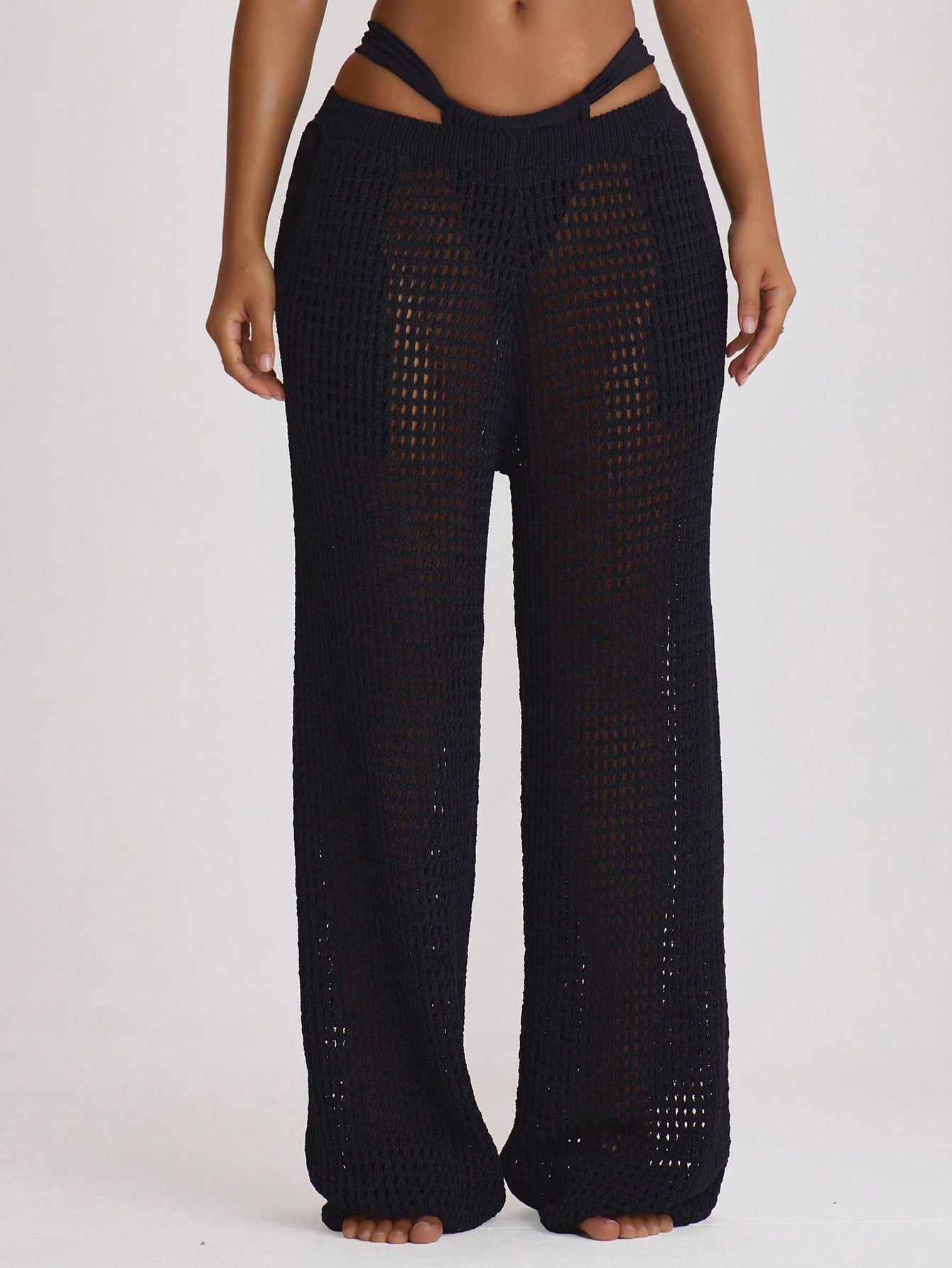 Musera Resort Crochet Knit Wide Leg Cover Up Trousers Swim Vacation Holiday Summer Travel Beachwear Beach Vacation Solid Colour Basics Resort Core Black Tropical