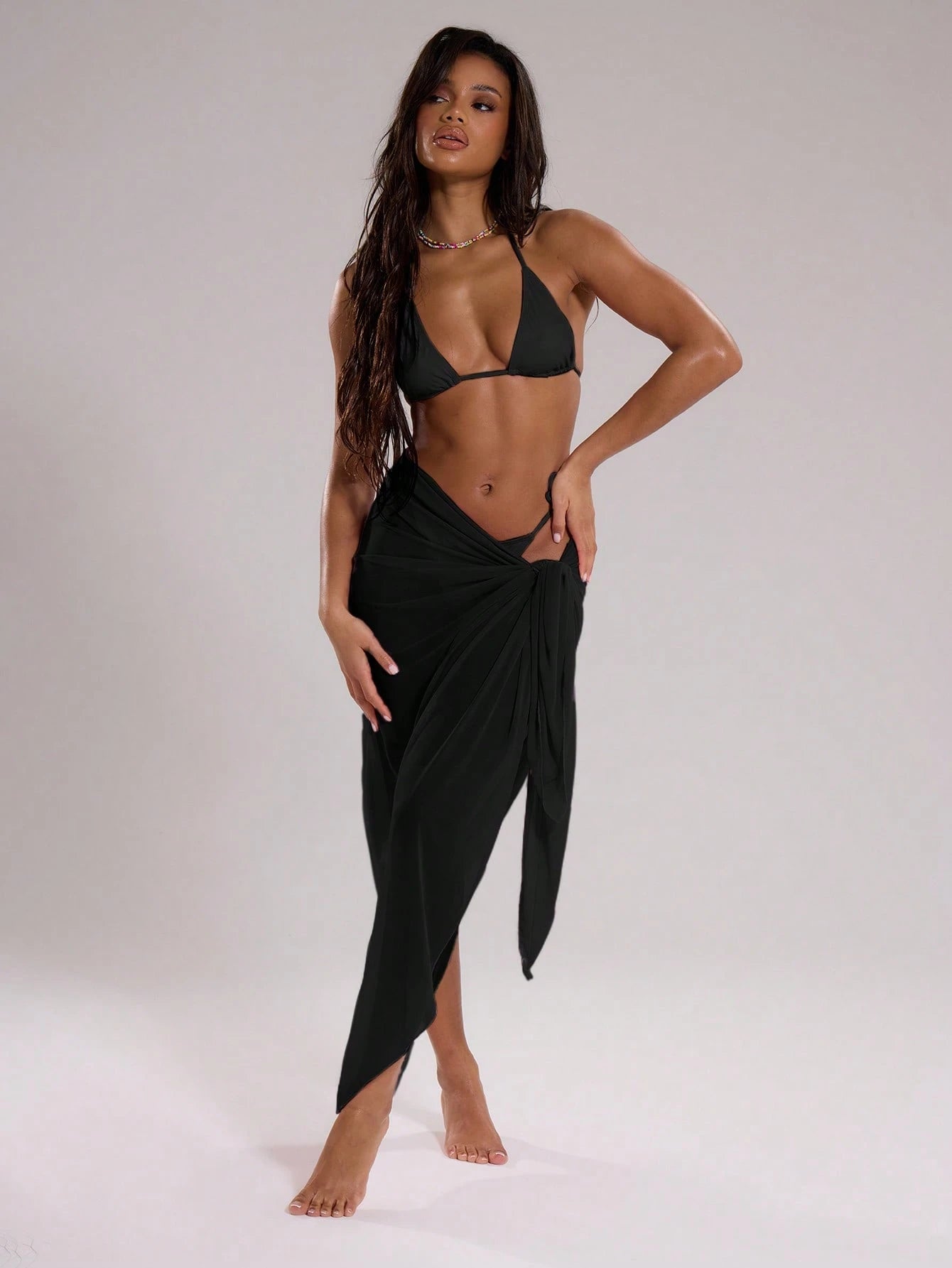 Musera Resort Mesh Sheer Tie Long Sarong Cover Up Swim Vacation Summer Holiday Boho Cute Simple Elegant Travel Daily Wear Black Spring