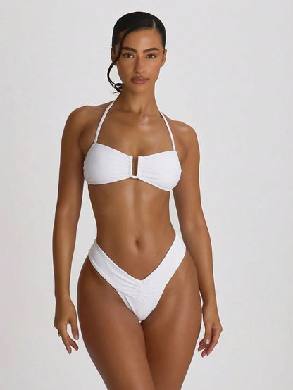 Musera Resort Ruched Front High Waist Thong Bikini Bottoms Swim Vacation Holiday Summer Travel Beachwear Basics Solid Colour Swimwear Resort Core