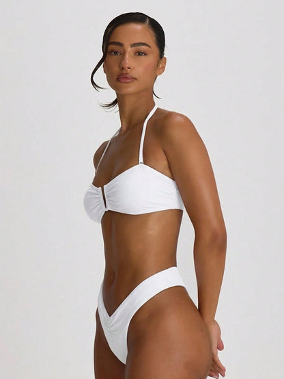 Musera Resort Ruched Front High Waist Thong Bikini Bottoms Swim Vacation Holiday Summer Travel Beachwear Basics Solid Colour Swimwear Resort Core