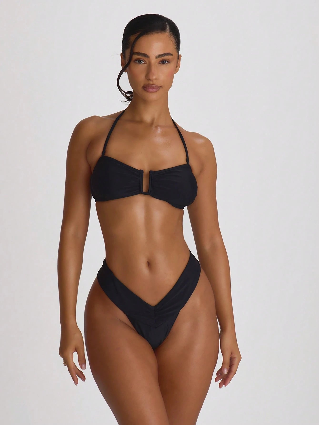 Musera Resort Ruched Front High Waist Thong Bikini Bottoms Swim Vacation Holiday Summer Travel Beachwear Basics Solid Colour Swimwear Resort Core