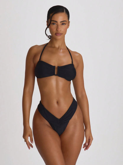 Musera Resort Ruched Front High Waist Thong Bikini Bottoms Swim Vacation Holiday Summer Travel Beachwear Basics Solid Colour Swimwear Resort Core