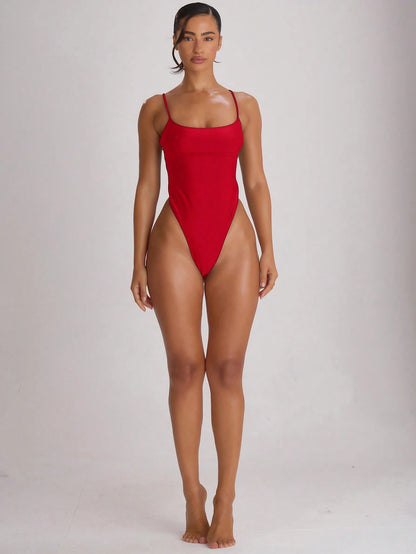 Musera Resort Straight Neck Strappy Binding High Leg Cheeky Swimsuit Swim Vacation Holiday Summer Travel Beachwear Basics Solid Colour Swimwear Resort Core