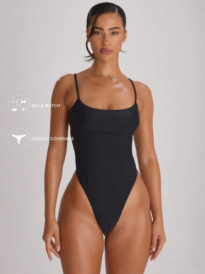 Musera Resort Straight Neck Strappy Binding High Leg Cheeky Swimsuit Swim Vacation Holiday Summer Travel Beachwear Basics Solid Colour Swimwear Resort Core