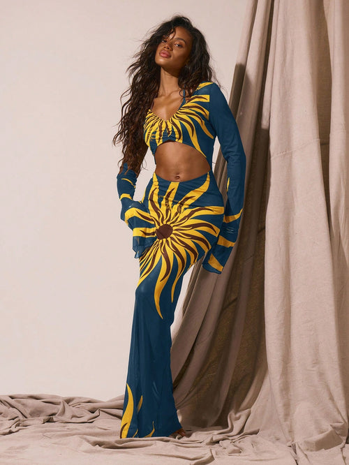 Musera Resort Women Cover Ups Sun Graphic Maxi Long Sleeve Cut Out Dress For Summer Beach Vacation Party Spring Elegant Holiday
