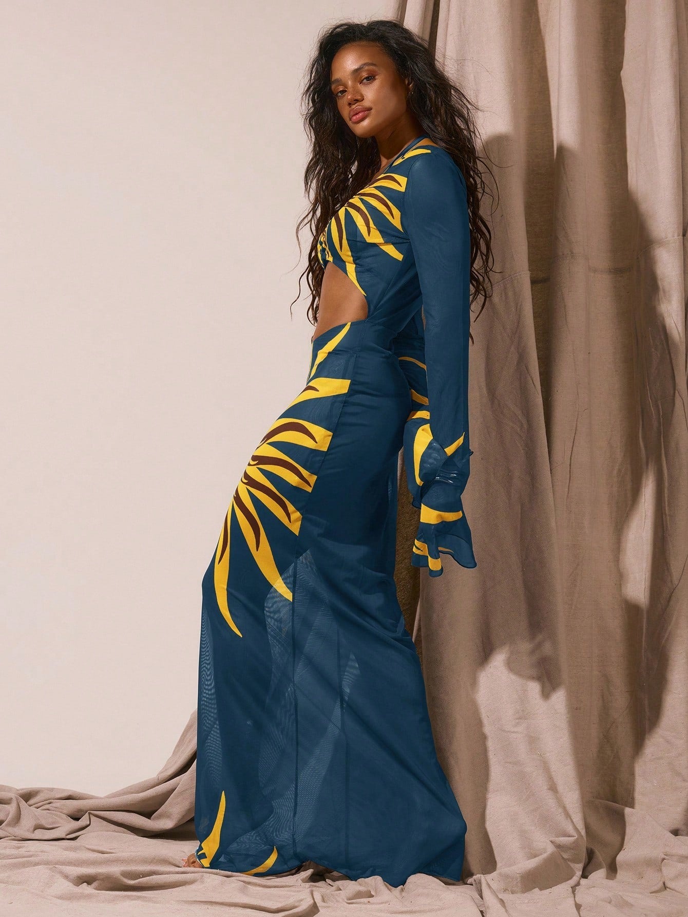 Musera Resort Women Cover Ups Sun Graphic Maxi Long Sleeve Cut Out Dress For Summer Beach Vacation Party Spring Elegant Holiday