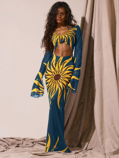Musera Resort Women Cover Ups Sun Graphic Maxi Long Sleeve Cut Out Dress For Summer Beach Vacation Party Spring Elegant Holiday