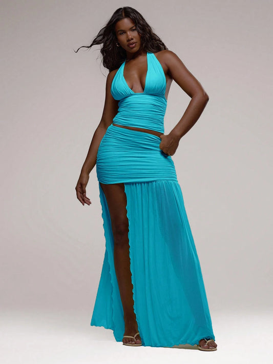 MUSERA Ruched Drape Extreme Split Skirt Only Ibiza Vacation Holiday Summer Festival Beachwear Elegant Birthday Wedding Guest Teal Blue Lake Blue Aqua