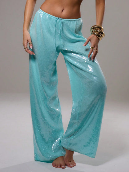 MUSERA Sequin Low Rise Trousers Vacation Summer Ibiza Fits Elegant Beachwear Boho Casual Rave Festival Party Sparkly Pants Spring Holiday Carnival