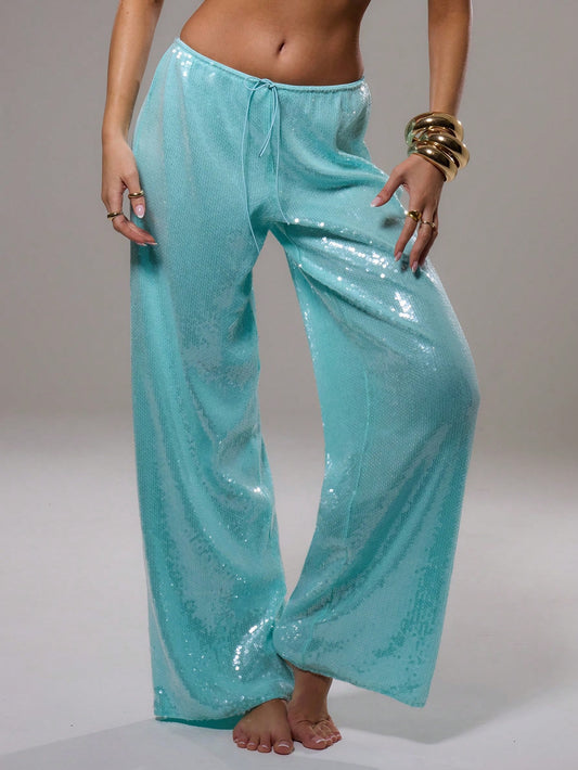 MUSERA Sequin Low Rise Trousers Vacation Summer Ibiza Fits Elegant Beachwear Boho Casual Rave Festival Party Sparkly Pants Spring Holiday Carnival