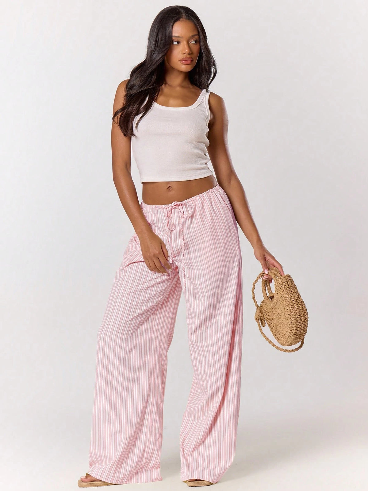MUSERA Stripe Drawstring Wide Leg Trousers Cute Summer Holiday Vacation Casual Elegant Beach Linen Style Trousers
