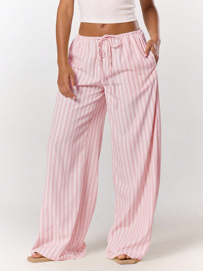 MUSERA Stripe Drawstring Wide Leg Trousers Cute Summer Holiday Vacation Casual Elegant Beach Linen Style Trousers