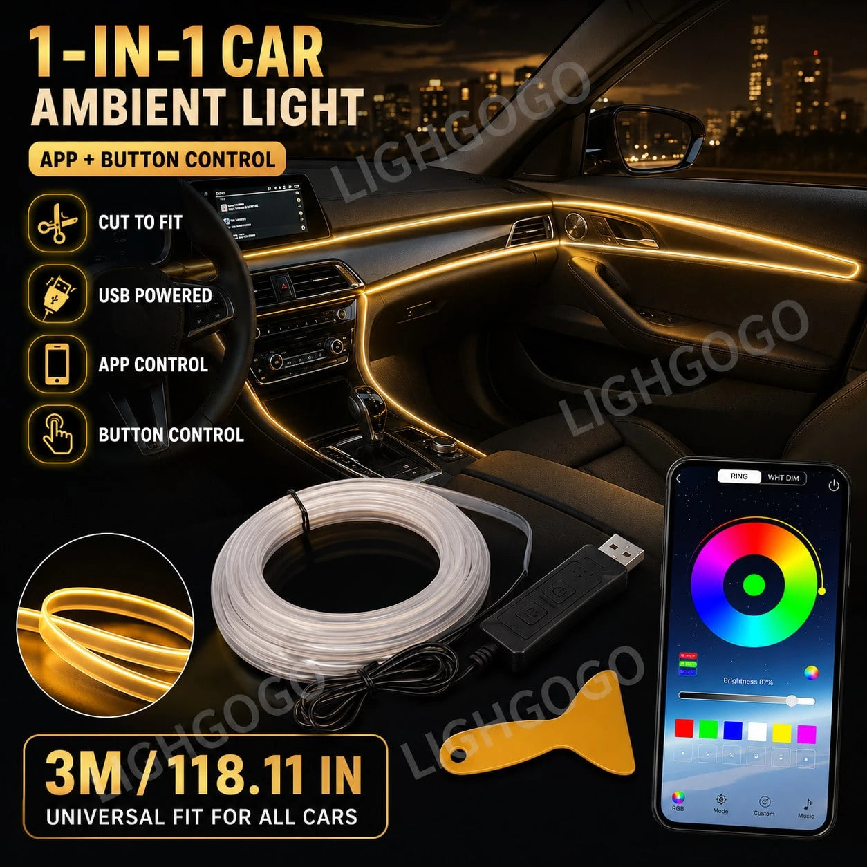 Music Sync Car LED Interior Light 1-In-1 RGB Fiber Optic Strip, 5V USB Plug & Play, Dream Color Atmosphere Lighting For Car Truck SUV Cockpit, Cool Auto Accessories Unique Gift
