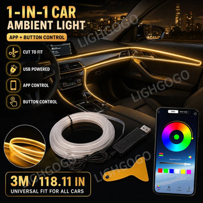 Music Sync Car LED Interior Light 1-In-1 RGB Fiber Optic Strip, 5V USB Plug & Play, Dream Color Atmosphere Lighting For Car Truck SUV Cockpit, Cool Auto Accessories Unique Gift