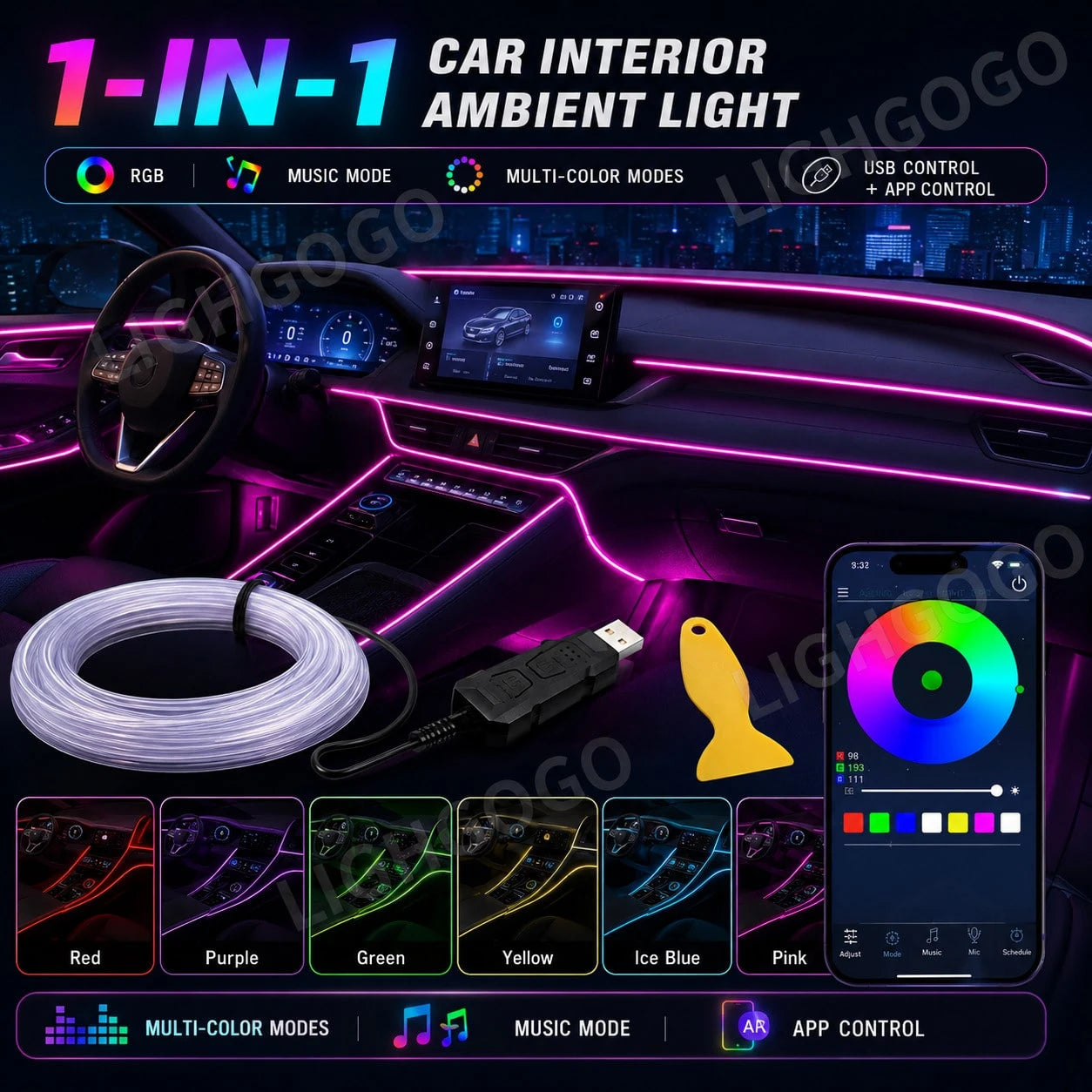 Music Sync Car LED Interior Light 1-In-1 RGB Fiber Optic Strip, 5V USB Plug & Play, Dream Color Atmosphere Lighting For Car Truck SUV Cockpit, Cool Auto Accessories Unique Gift