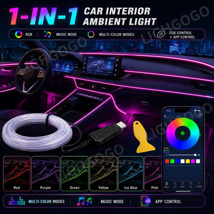 Music Sync Car LED Interior Light 1-In-1 RGB Fiber Optic Strip, 5V USB Plug & Play, Dream Color Atmosphere Lighting For Car Truck SUV Cockpit, Cool Auto Accessories Unique Gift