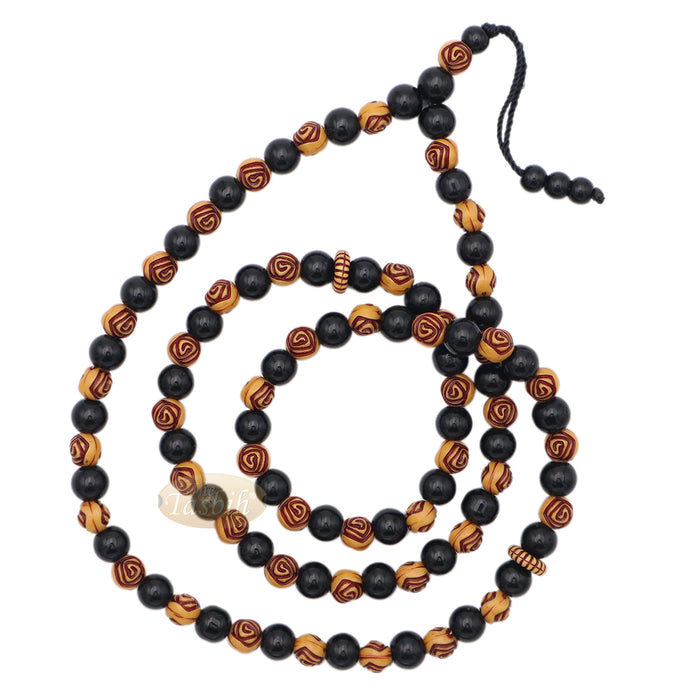 Muslim Prayer Beads - 8 mm Faux Onyx Black & Yellow Engraved beads 99 count Tasbih