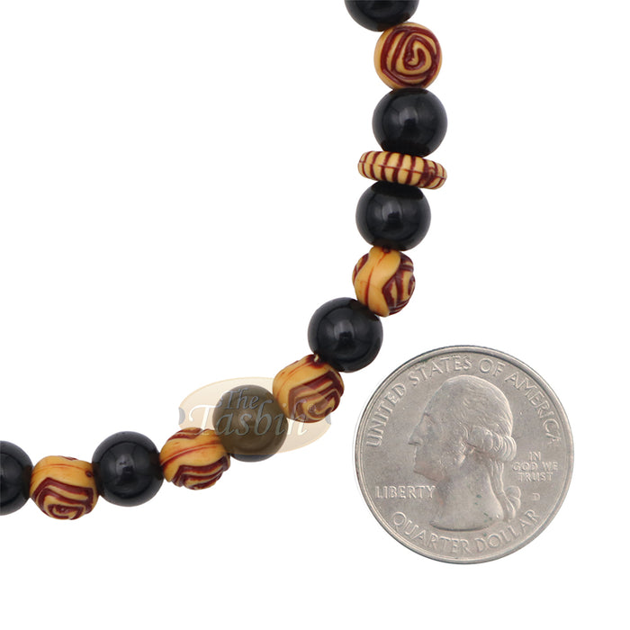 Muslim Prayer Beads - 8 mm Faux Onyx Black & Yellow Engraved beads 99 count Tasbih