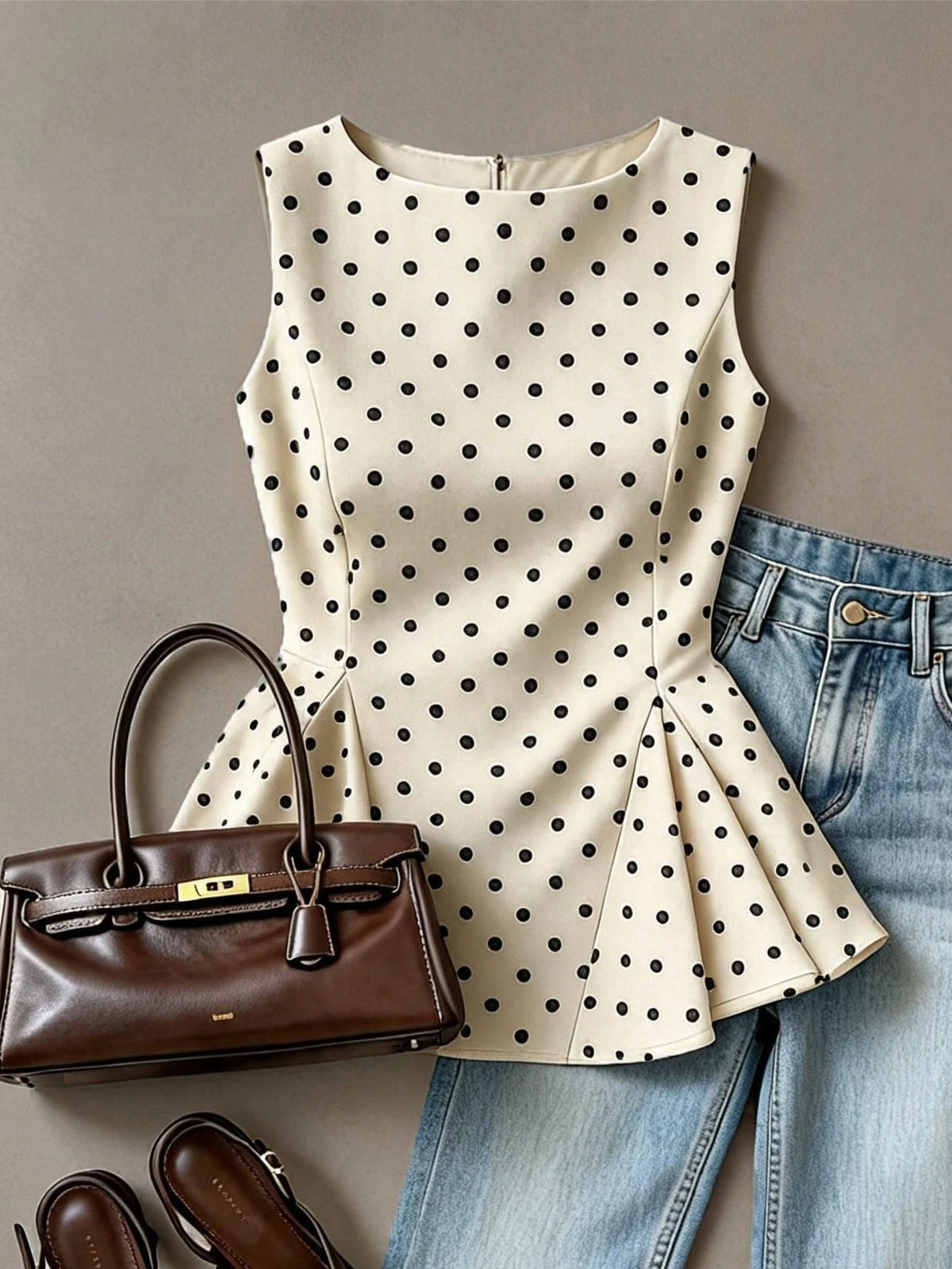 Muvela Elegant Retro Polka Dot Sleeveless Fitted Waist A-Line Blouse For Women, Summer Top, Cute Women's Top, Cream-Colored Top, Back-To-School Season. Peplum Top Polka Dot Top Black And White Polka D