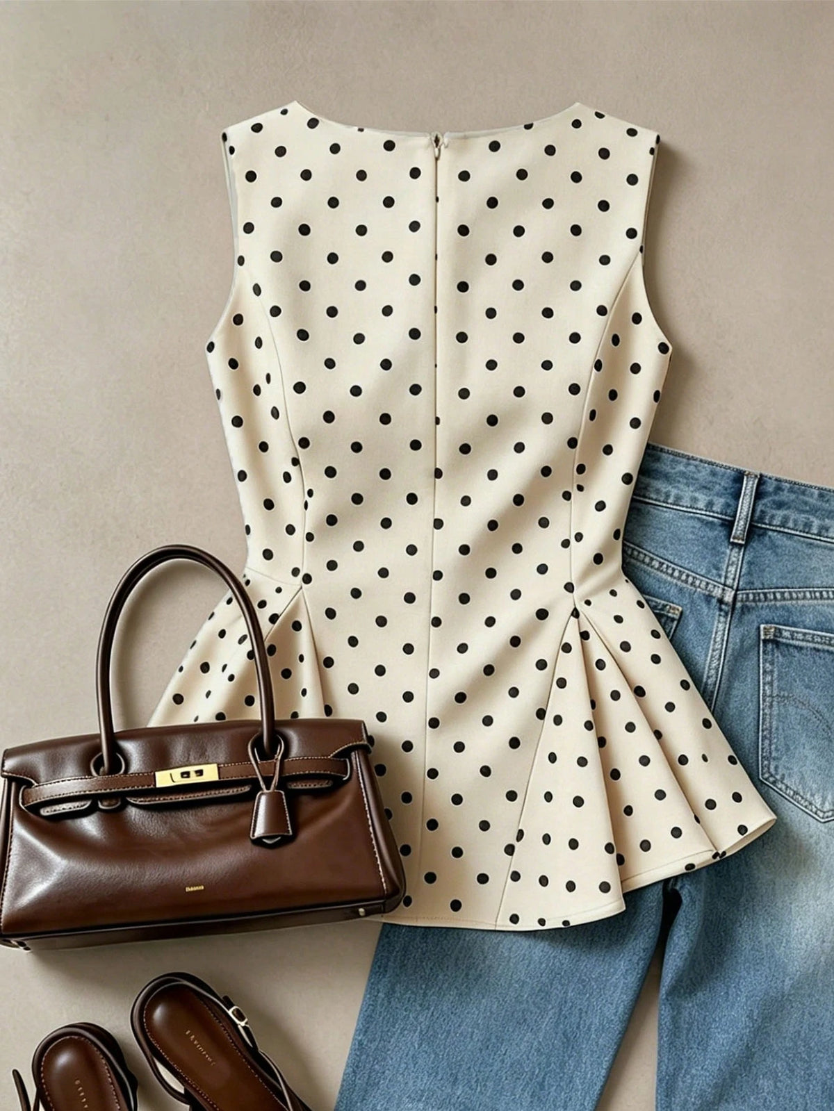 Muvela Elegant Retro Polka Dot Sleeveless Fitted Waist A-Line Blouse For Women, Summer Top, Cute Women's Top, Cream-Colored Top, Back-To-School Season. Peplum Top Polka Dot Top Black And White Polka D