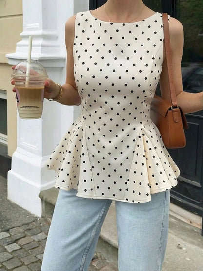Muvela Elegant Retro Polka Dot Sleeveless Fitted Waist A-Line Blouse For Women, Summer Top, Cute Women's Top, Cream-Colored Top, Back-To-School Season. Peplum Top Polka Dot Top Black And White Polka D