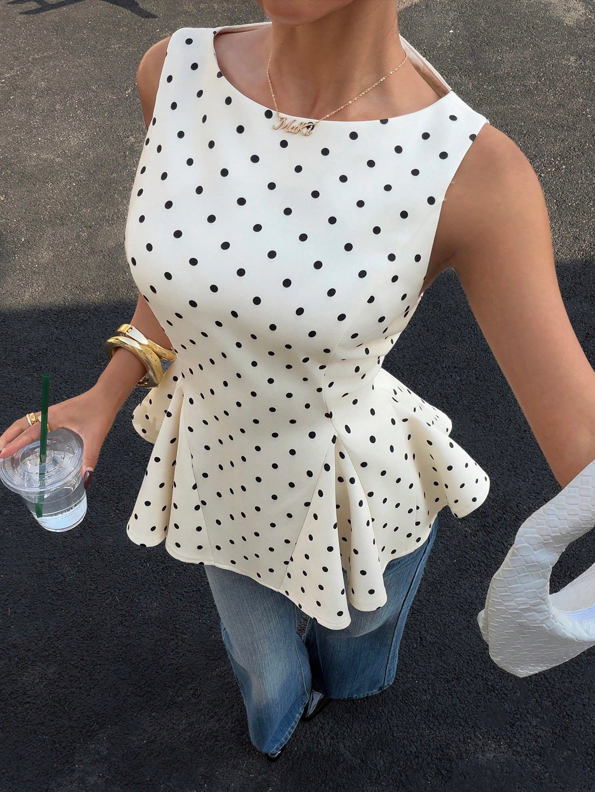 Muvela Elegant Retro Polka Dot Sleeveless Fitted Waist A-Line Blouse For Women, Summer Top, Cute Women's Top, Cream-Colored Top, Back-To-School Season. Peplum Top Polka Dot Top Black And White Polka D