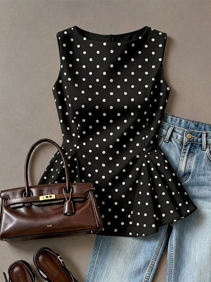 Muvela Elegant Retro Polka Dot Sleeveless Fitted Waist A-Line Blouse For Women, Summer Top, Cute Women's Top, Cream-Colored Top, Back-To-School Season. Peplum Top Polka Dot Top Black And White Polka D