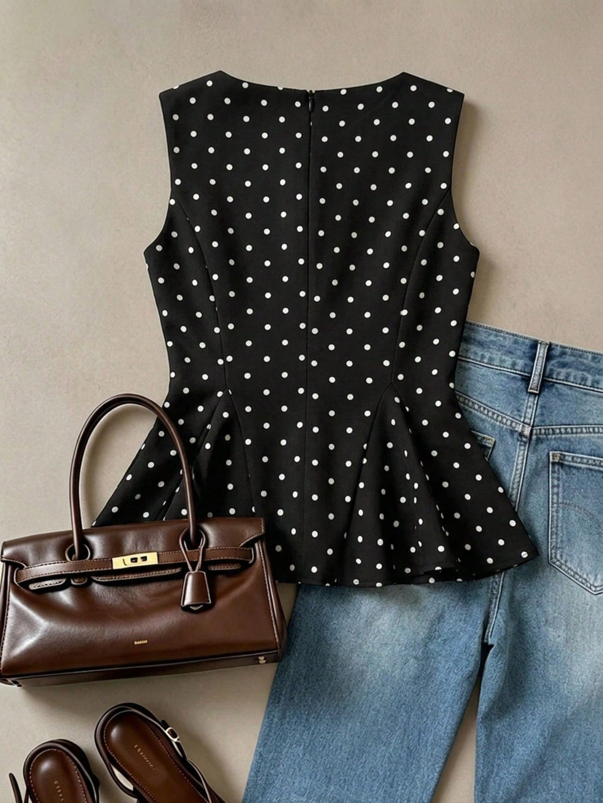 Muvela Elegant Retro Polka Dot Sleeveless Fitted Waist A-Line Blouse For Women, Summer Top, Cute Women's Top, Cream-Colored Top, Back-To-School Season. Peplum Top Polka Dot Top Black And White Polka D