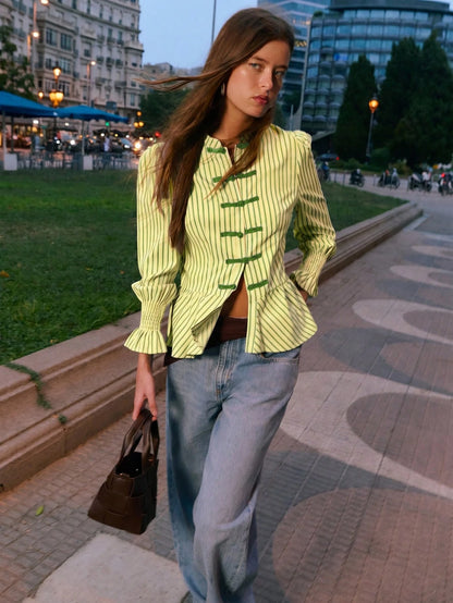 Nöista Striped Blouse With An Elegant Mandarin Collar, A Fitted Peplum Silhouette And Stylish Ruched Cuffs, Offering Refined Feminine