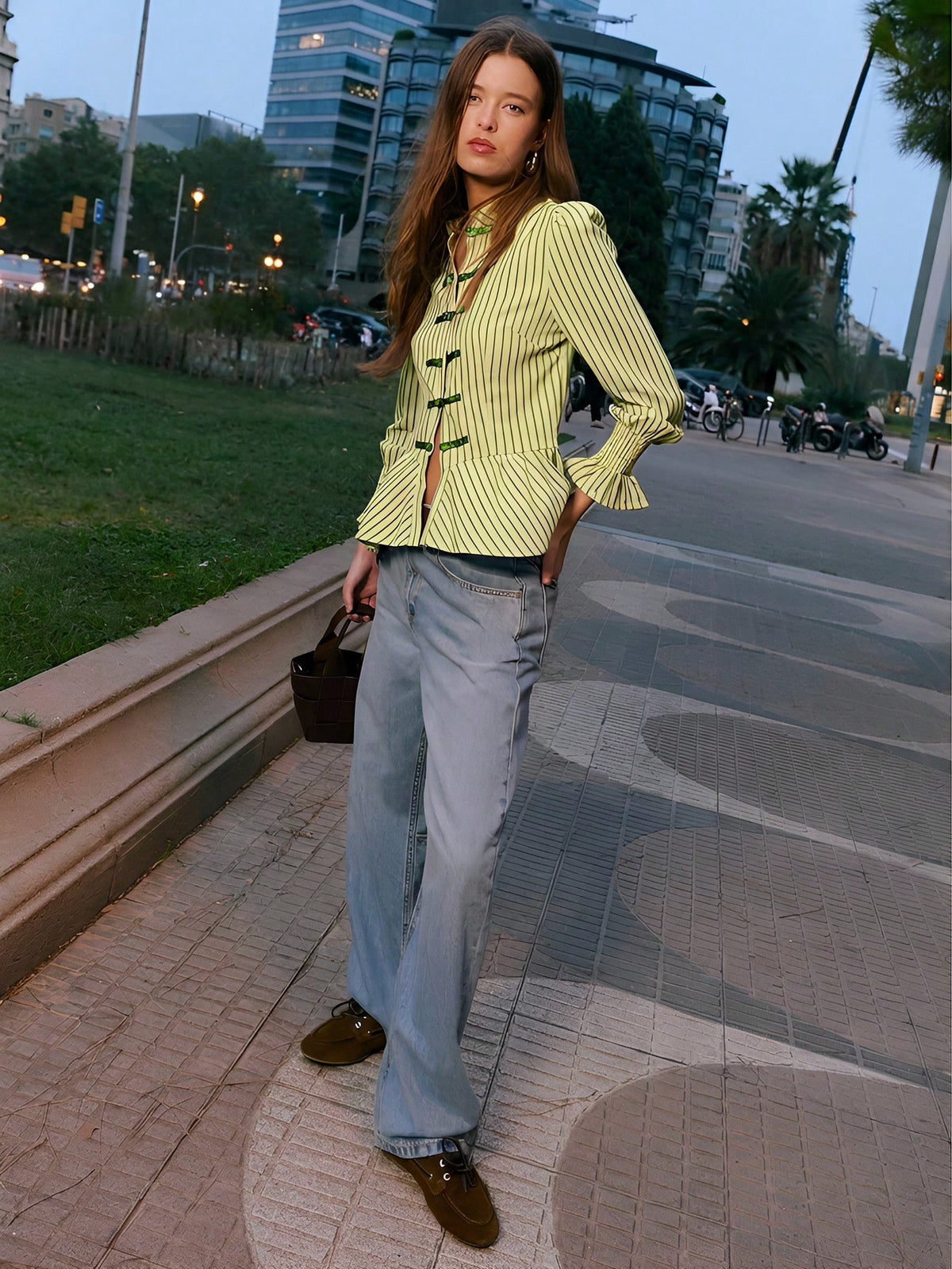 Nöista Striped Blouse With An Elegant Mandarin Collar, A Fitted Peplum Silhouette And Stylish Ruched Cuffs, Offering Refined Feminine