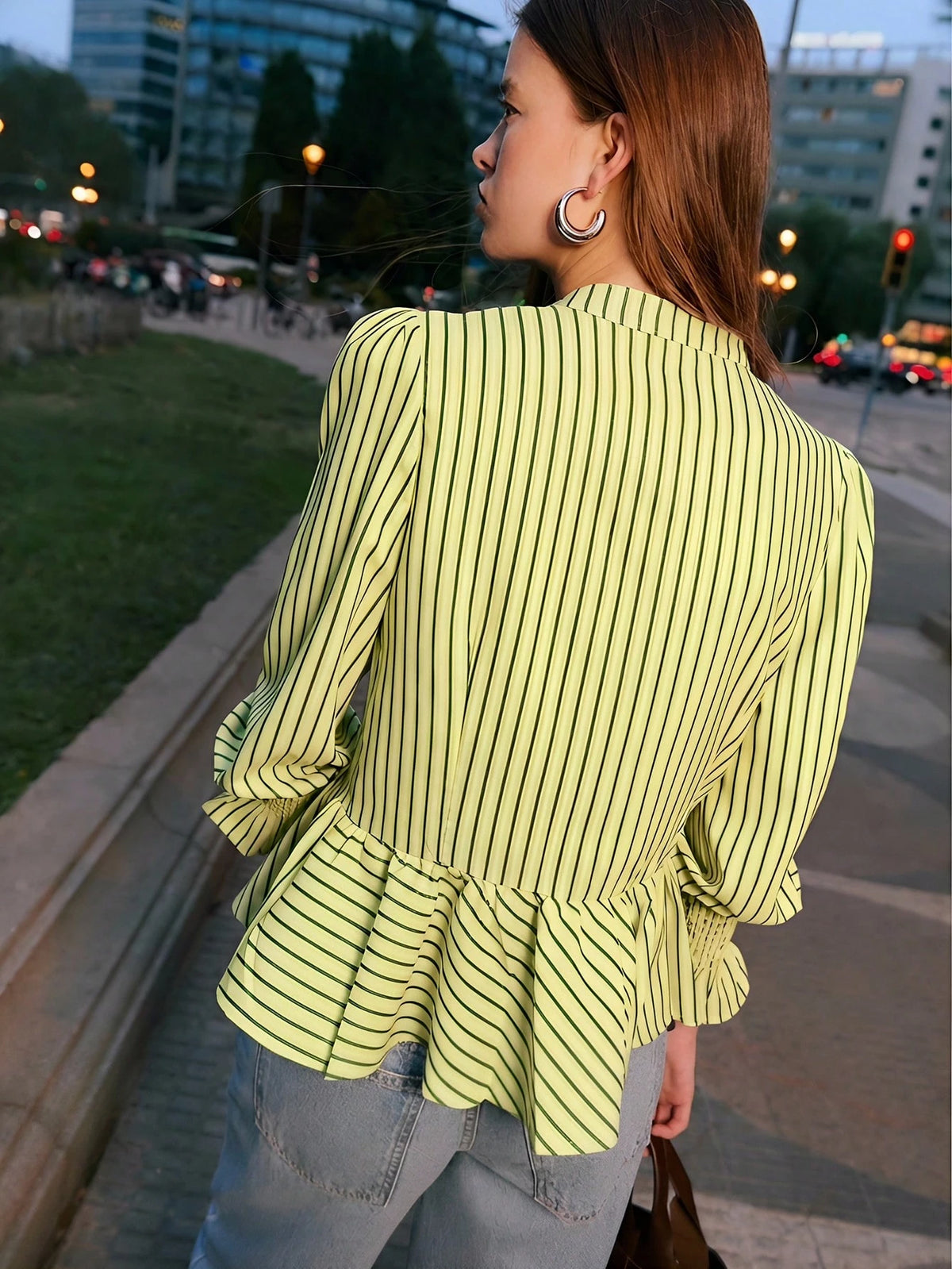 Nöista Striped Blouse With An Elegant Mandarin Collar, A Fitted Peplum Silhouette And Stylish Ruched Cuffs, Offering Refined Feminine
