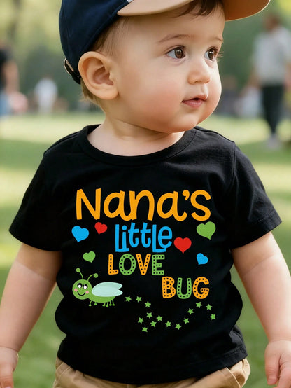 Nana's Little Love Bug Cartoon Print Children's Short-Sleeve T-Shirt A Stylish And Casual Round-Neck Top Suitable For Baby Boys To Wear In All Seasons