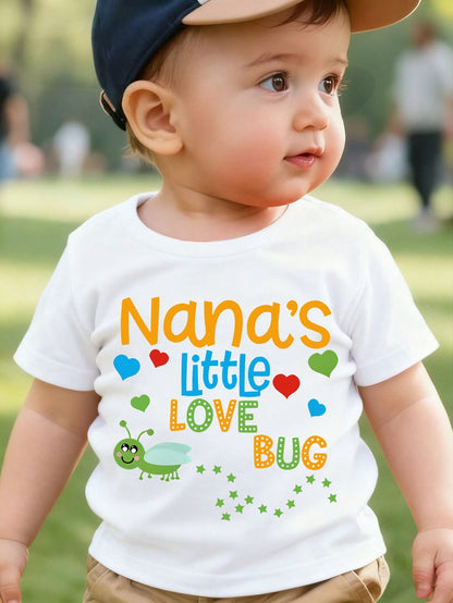 Nana's Little Love Bug Cartoon Print Children's Short-Sleeve T-Shirt A Stylish And Casual Round-Neck Top Suitable For Baby Boys To Wear In All Seasons