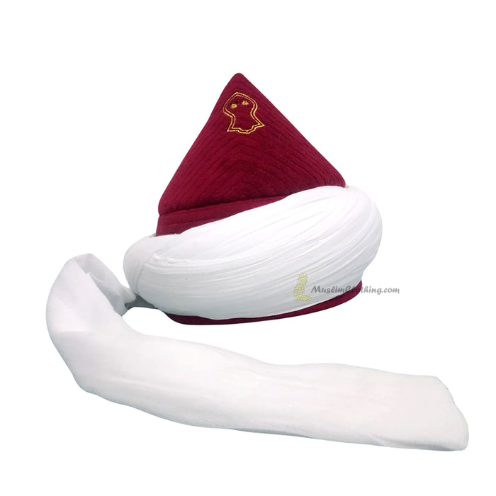 Naqshbandi Turbanned Taj Kufi Hat - Na’lain Embroidered Maroon Taj with White Turban