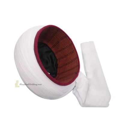 Naqshbandi Turbanned Taj Kufi Hat - Na’lain Embroidered Maroon Taj with White Turban
