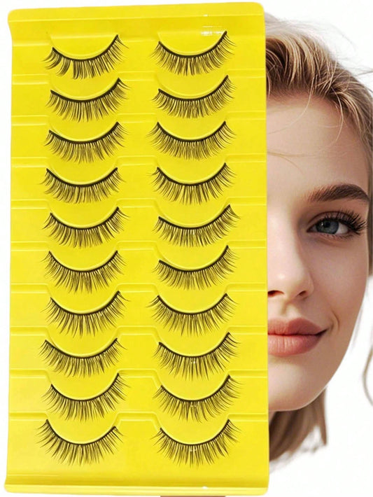 Natural Dense Nude Makeup Crossed Manga Lolita False Eyelashes, Short Full Strip Hard Band Lashes For Daily No-Makeup Look