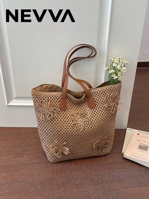 NEVVA 1pc Summer Minimalist Woven Straw Tote Bag, Large Capacity Commuter Handbag, Professional Elegant Shoulder Bag For Office And Casual Wear, Fashion Women's Bag