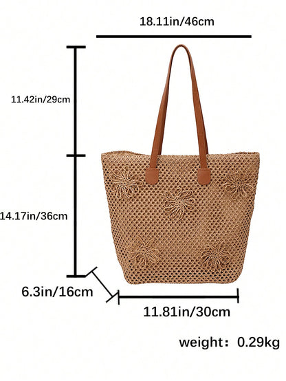 NEVVA 1pc Summer Minimalist Woven Straw Tote Bag, Large Capacity Commuter Handbag, Professional Elegant Shoulder Bag For Office And Casual Wear, Fashion Women's Bag