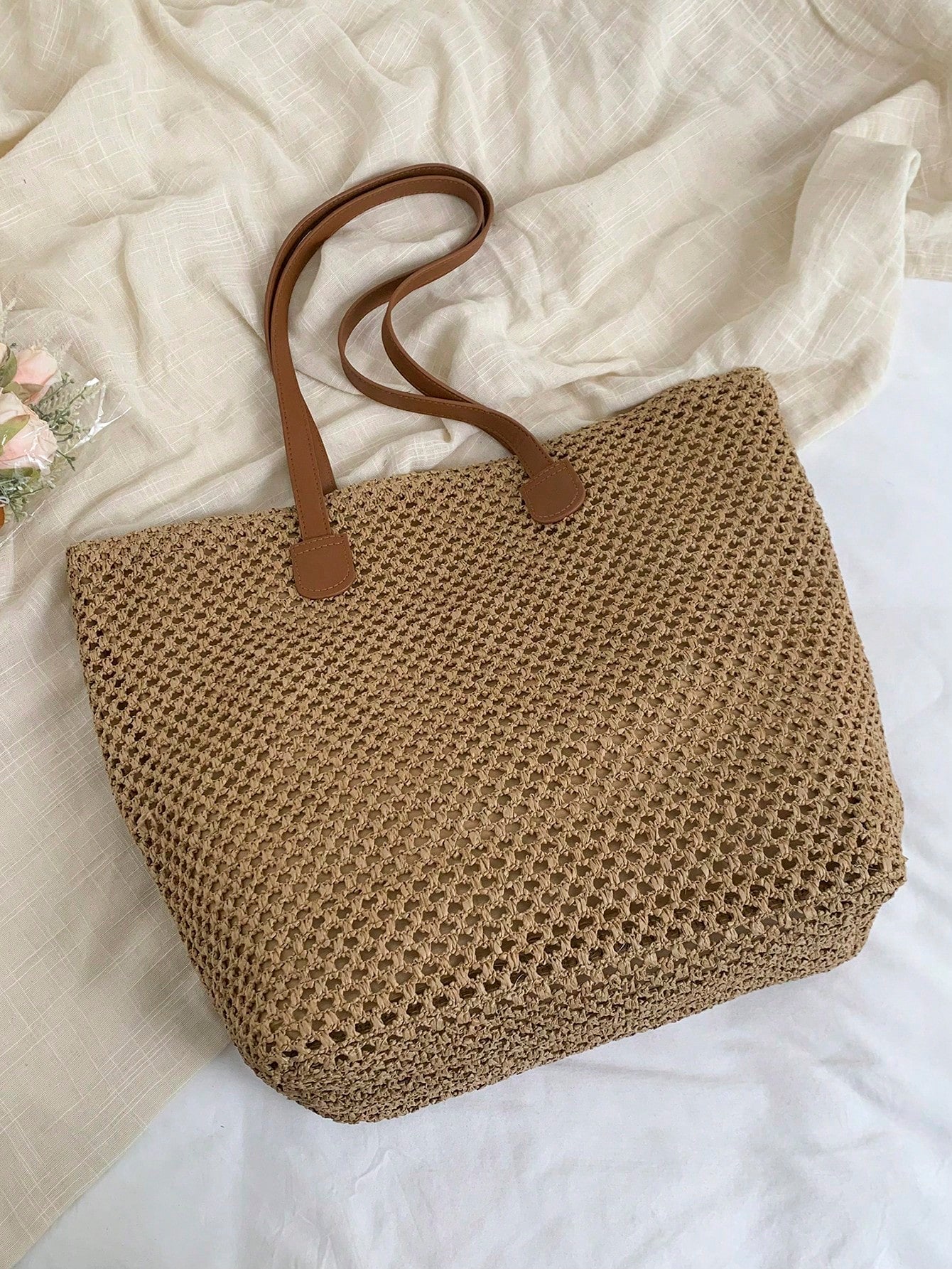 NEVVA 1pc Summer Minimalist Woven Straw Tote Bag, Large Capacity Commuter Handbag, Professional Elegant Shoulder Bag For Office And Casual Wear, Fashion Women's Bag