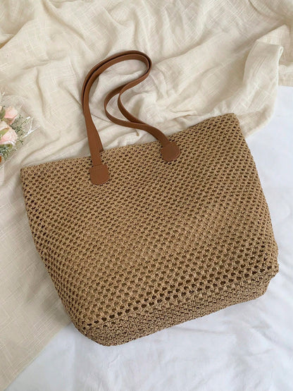 NEVVA 1pc Summer Minimalist Woven Straw Tote Bag, Large Capacity Commuter Handbag, Professional Elegant Shoulder Bag For Office And Casual Wear, Fashion Women's Bag