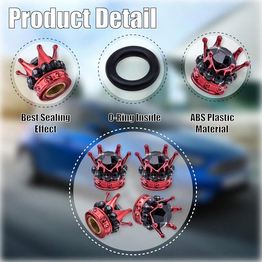 NEW- 4PCS Crown Bling Tire Stem Valve Caps, Crystal Diamond Tire Air Cap Set Universal Copper Core Stem Covers For Cars, SUV, Trucks, Bikes, Motorcycles, Bicycles (Blue & Black)