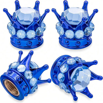NEW- 4PCS Crown Bling Tire Stem Valve Caps, Crystal Diamond Tire Air Cap Set Universal Copper Core Stem Covers For Cars, SUV, Trucks, Bikes, Motorcycles, Bicycles (Blue & Black)