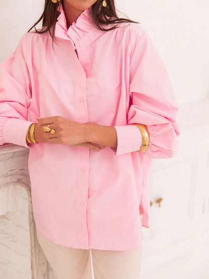 New Arrival Fashionable Elegant Solid Color Lantern Sleeve Stand Collar Casual Shirt, Suitable For Daily, Festivals, Vacation, And Dates Pink