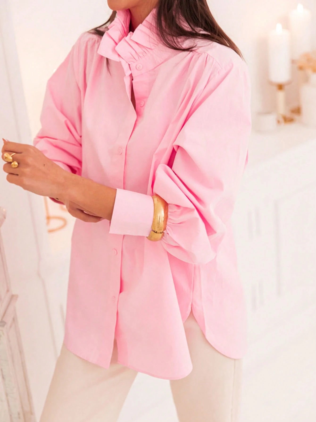 New Arrival Fashionable Elegant Solid Color Lantern Sleeve Stand Collar Casual Shirt, Suitable For Daily, Festivals, Vacation, And Dates Pink