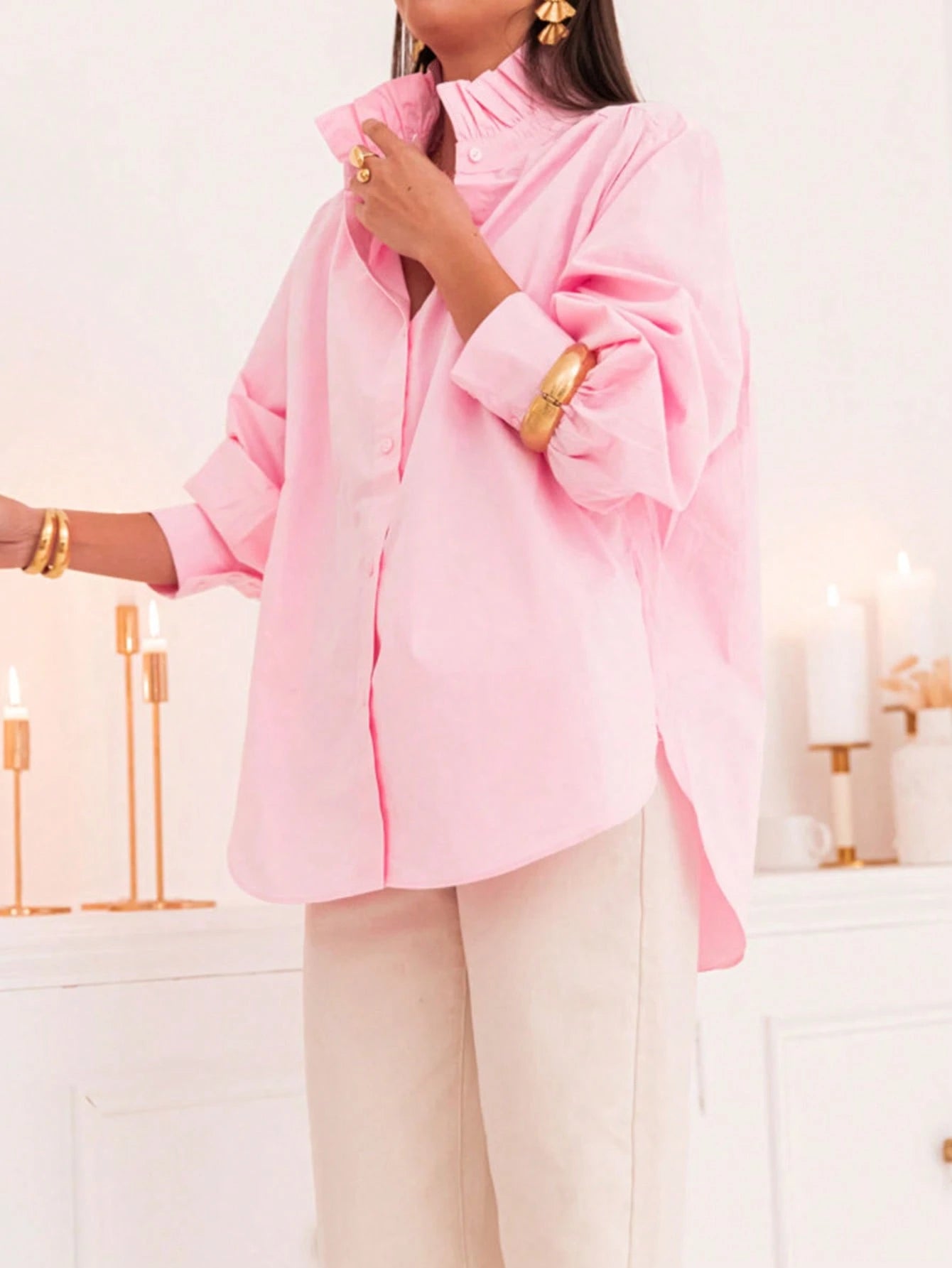 New Arrival Fashionable Elegant Solid Color Lantern Sleeve Stand Collar Casual Shirt, Suitable For Daily, Festivals, Vacation, And Dates Pink